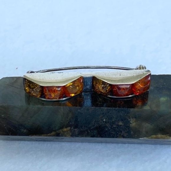 VTG Sterling Baltic Amber Multicolored Bar Brooch - Picture 3 of 15